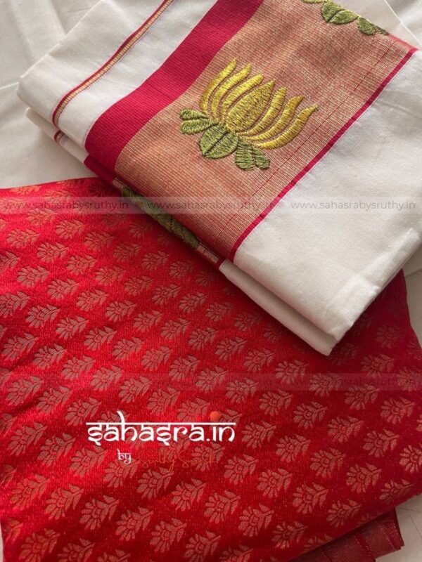 Kamalam – Kerala Set Mund with Golden Lotus Embroidery : (KSM01) - Image 9