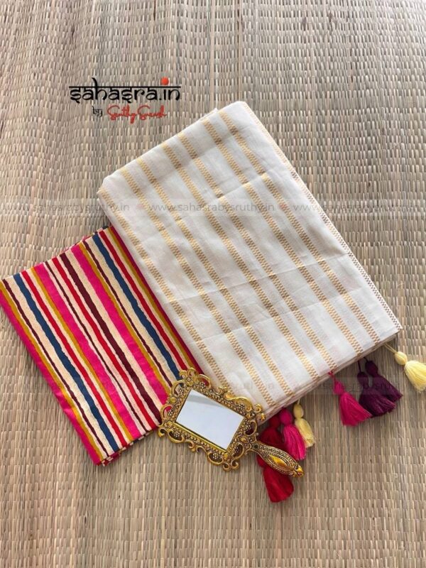 Golden stripes Saree with printed Blouse piece -(sah04) - Image 2
