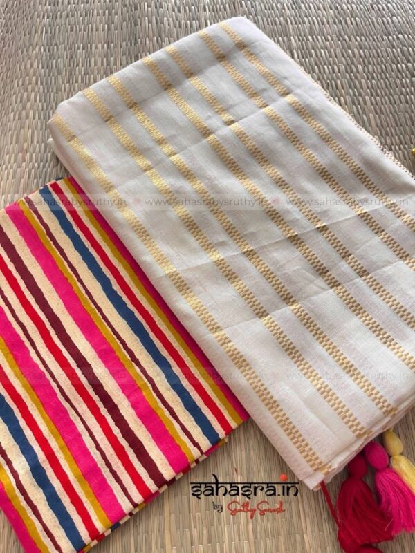 Golden stripes Saree with printed Blouse piece -(sah04) - Image 5