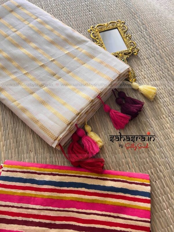 Golden stripes Saree with printed Blouse piece -(sah04) - Image 4