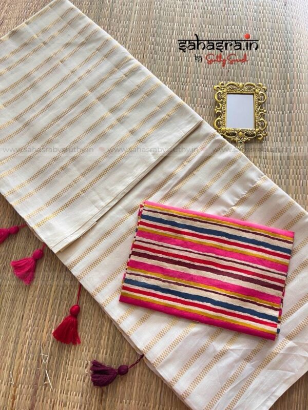 Golden stripes Saree with printed Blouse piece -(sah04) - Image 8