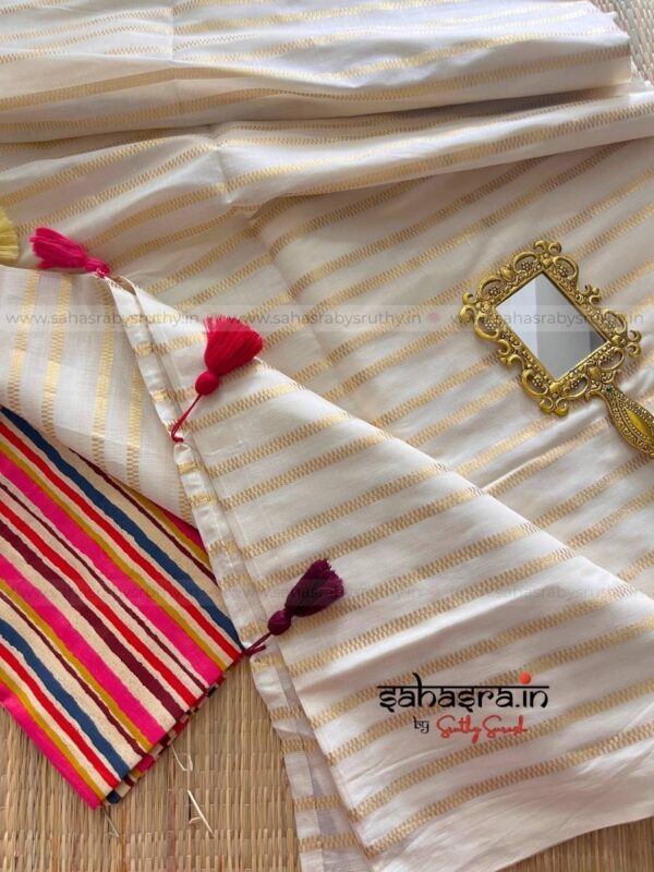 Golden stripes Saree with printed Blouse piece -(sah04)