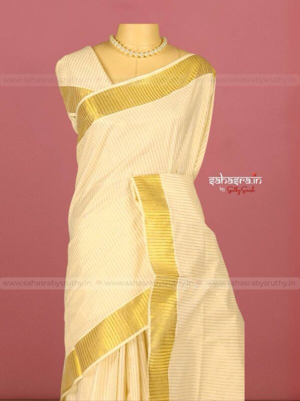 Fine stripes : Ready to wear Kerala Saree-(RTW16) - Image 3