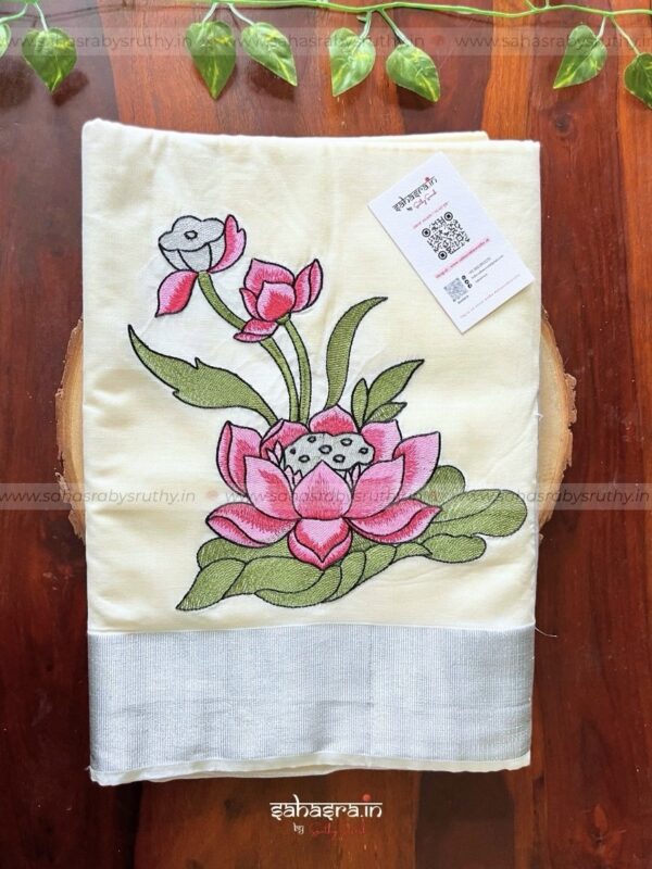 Kerala Lotus Embroidered Pure cotton Saree (lotus11)