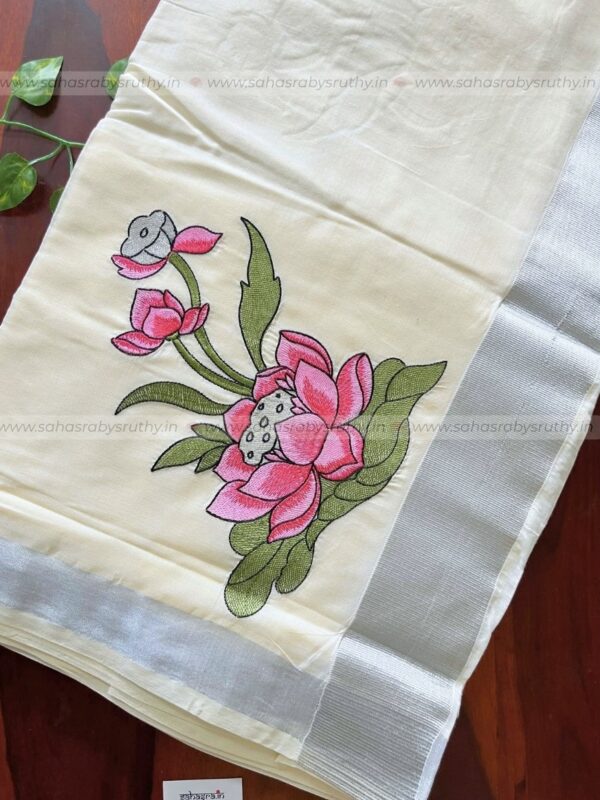 Kerala Lotus Embroidered Pure cotton Saree (lotus11) - Image 3
