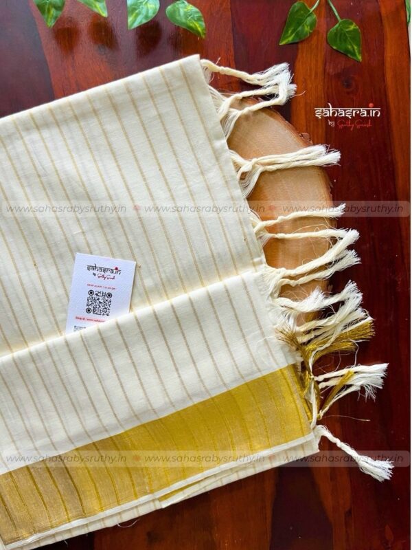 Kerala Cotton Premium Golden Stripes Saree -KPS12 - Image 2