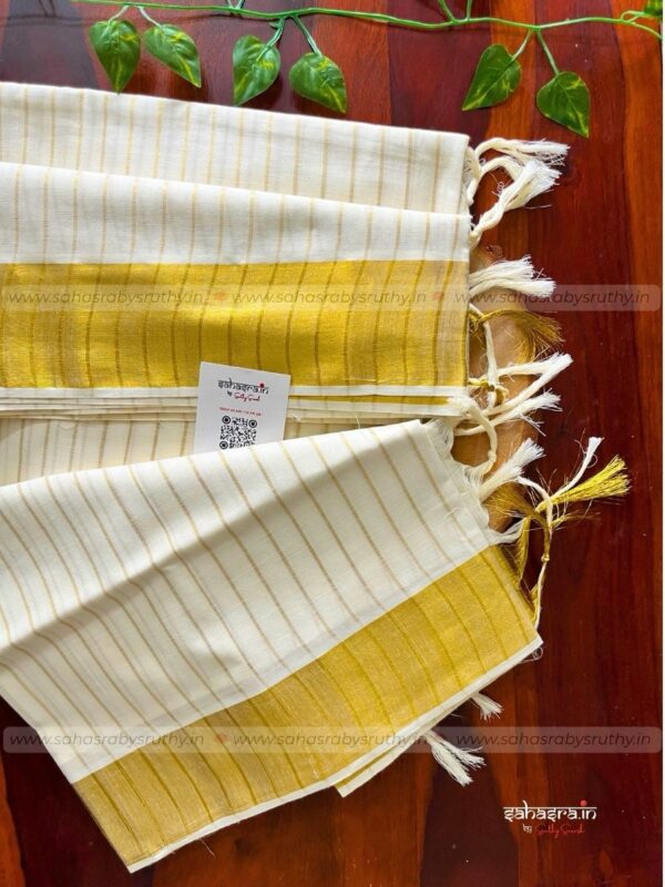 Kerala Cotton Premium Golden Stripes Saree -KPS12 - Image 4