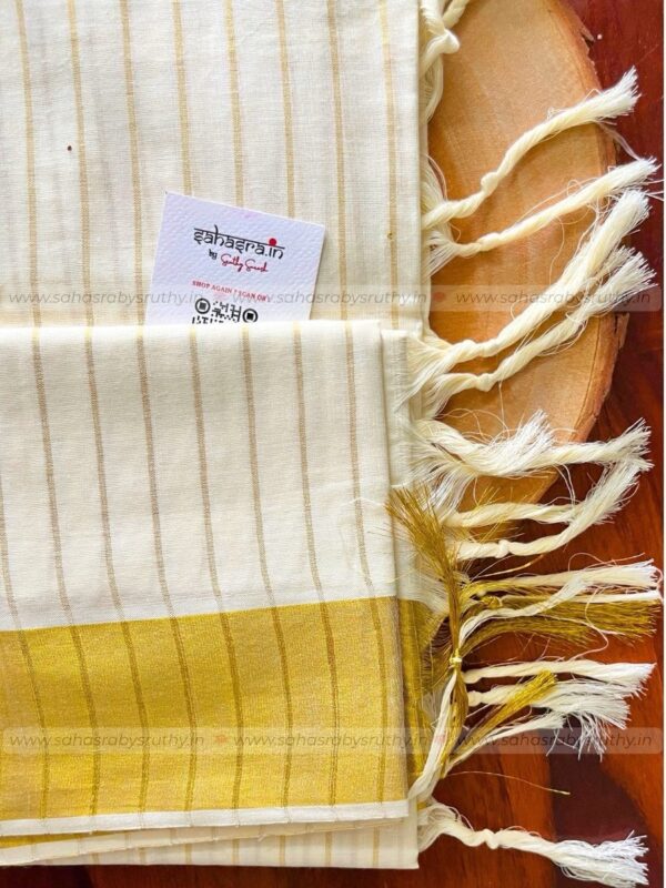 Kerala Cotton Premium Golden Stripes Saree -KPS12 - Image 3