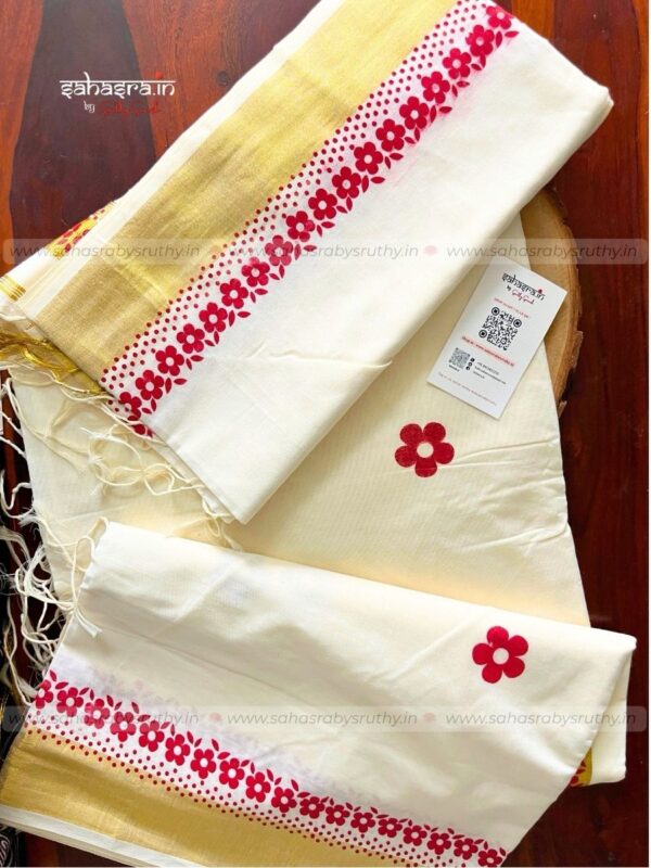 Floral print Kerala Cotton Saree (KFS11) - Image 3