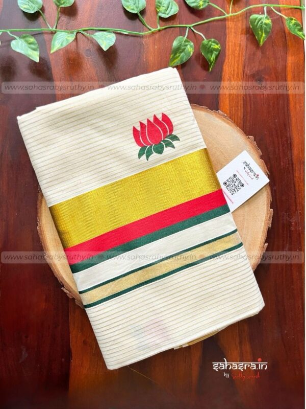 Kerala Kasavu Saree with lotus print -(lotus12) - Image 7