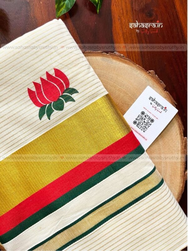 Kerala Kasavu Saree with lotus print -(lotus12) - Image 11