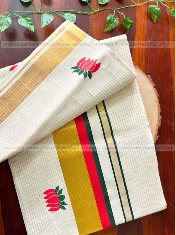 Kerala Kasavu Saree with lotus print -(lotus12) - Image 8