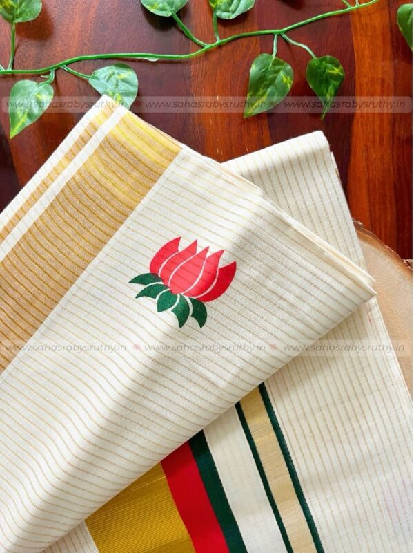 Kerala Kasavu Saree with lotus print -(lotus12) - Image 10