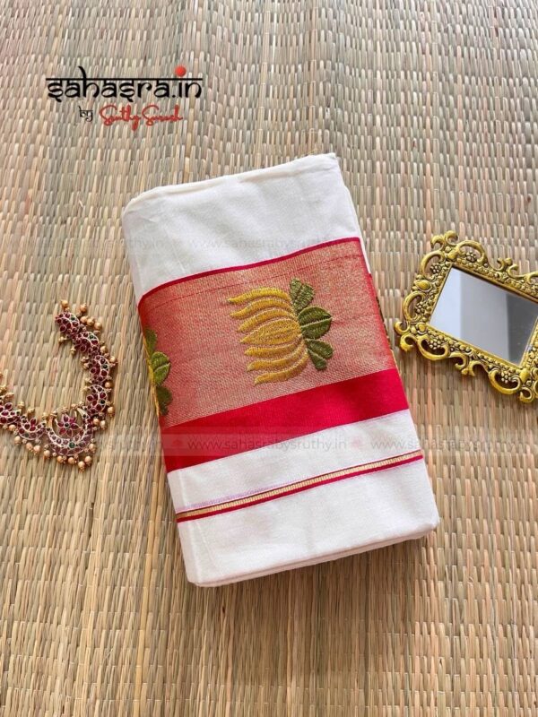 Kamalam – Kerala Set Mund with Golden Lotus Embroidery : (KSM01) - Image 10