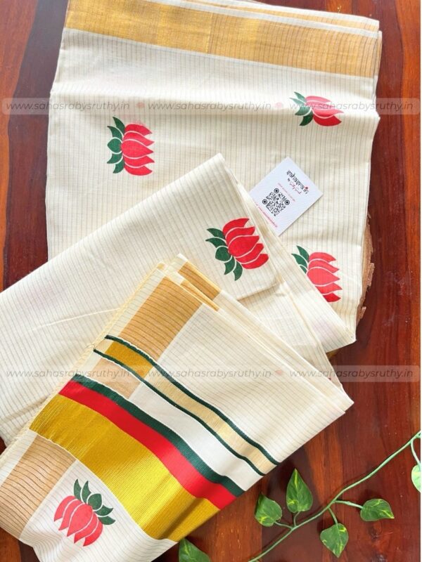 Kerala Kasavu Saree with lotus print -(lotus12) - Image 6